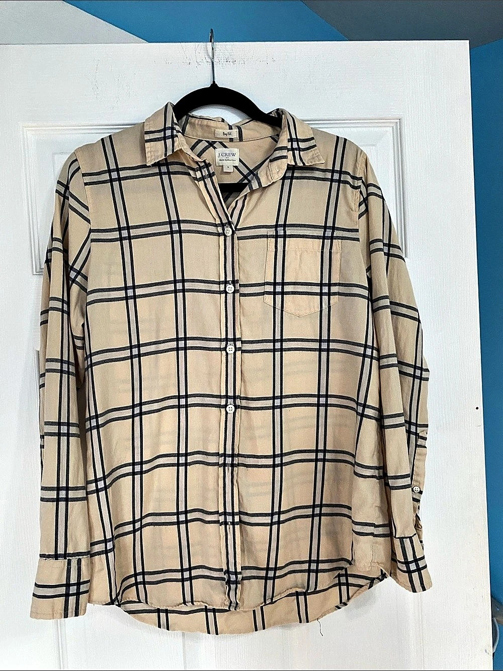 J.Crew Boy Fit Plaid Shirt in Tan & Blue Size Small excellent condition